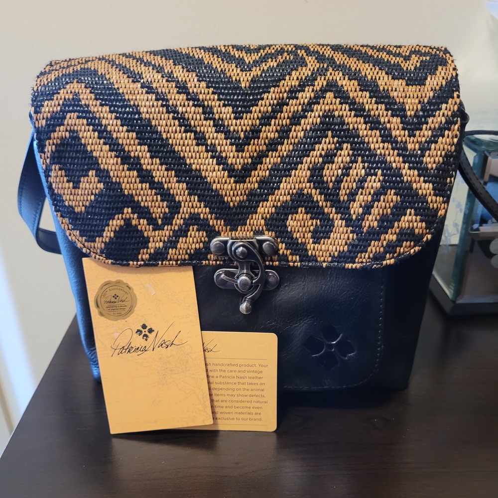 Patricia Nash Black and Tan Woven Flap Crossbody Shoulder Bag